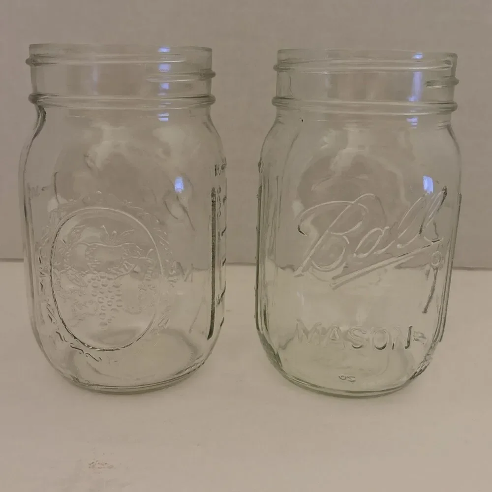 VTG Pair Ball Sculptured Glass Mason Fruit Jar 12 OZ 1.5 Cups 300 ML